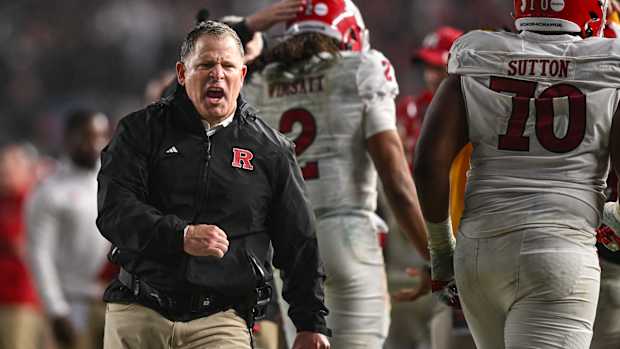 Dec 28, 2023; Bronx, NY, USA; Rutgers Scarlet Knights head coach Greg Schiano celebrates a touchdown during the fourth quarter against the Miami Hurricanes at Yankee Stadium. Mandatory Credit: Mark Smith-USA TODAY Sports